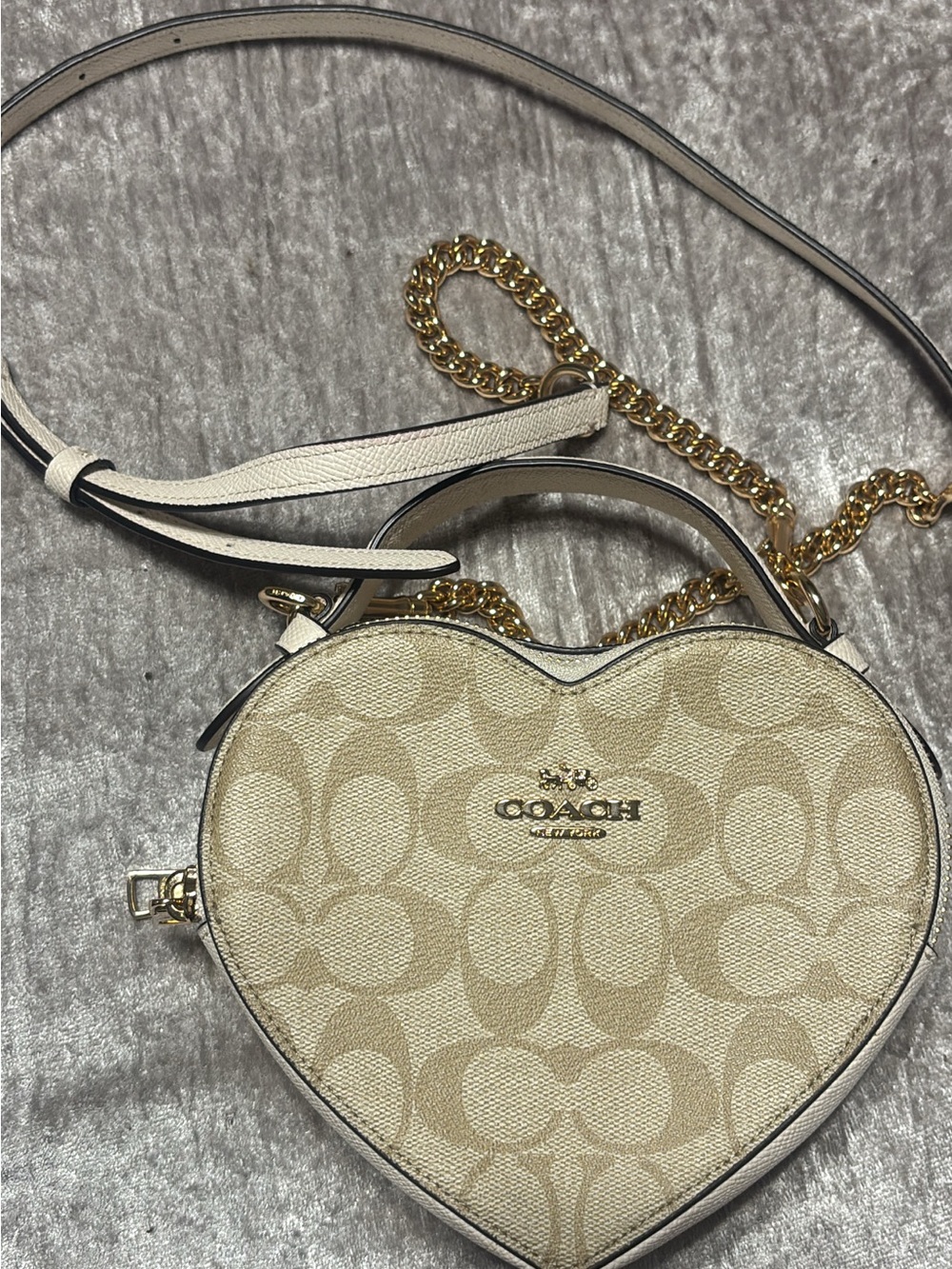 COACH Cream Signature Heart Crossbody with Gold Chain